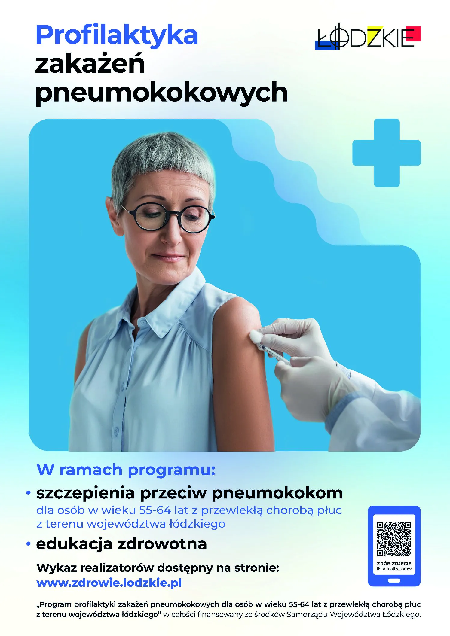 Zachęcamy do&nbsp;wzięcia udziału w&nbsp;„Programie profilaktyki zakażeń pneumokokowych dla osób w&nbsp;wieku 55-64 lat z&nbsp;przewlekłą chorobą płuc z&nbsp;terenu województwa łódzkiego”. Program adresowany jest do&nbsp;mieszkańców województwa łódzkiego w&nbsp;wieku 55-64 lat z&nbsp;przewlekłą chorobą płuc i&nbsp;obejmuje przeprowadzenie szczepienia przeciwko pneumokokom wraz z&nbsp;edukacją zdrowotną.